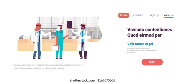 group arabic men doctors stethoscope hospital communication diverse arab man medical workers flat full length copy space horizontal banner vector illustration