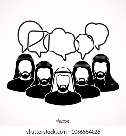 Group Of Arabic People, speech with Bubbles. Communication Concept Arab Business Men,  Flat Vector Illustration.