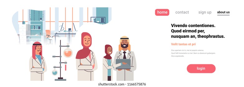 group arabic scientists working laboratory doing research test tube dropper arabian team study chemicals experiments modern lab flat copy space portrait banner vector illustration