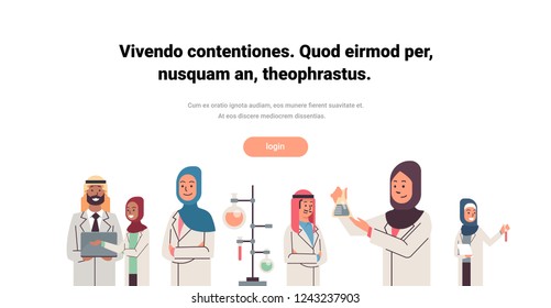 Group Arabic scientists working laboratory doing research test tubes. Isolated Arab man woman team study chemicals experiments. Flat copy space portrait banner