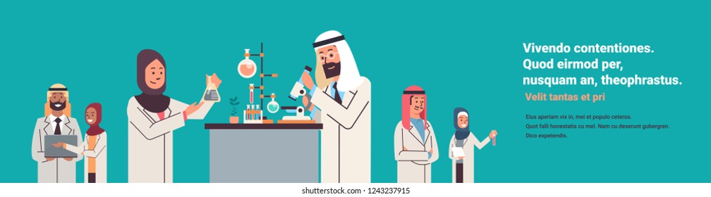 group arabic scientists working with microscope laboratory doing research arab man woman making scientific experiments arabian doctors lab workplace copy space banner