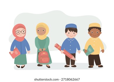 Grupo de personagens estudantes árabes. Meninos e meninas muçulmanos de pé e conversando. Colegas de classe, amigo, personagens islâmicos com itens escolares.