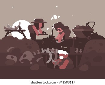 Group of archaeologists on excavations. Men dig out dinosaur bones at night. Vector illustration