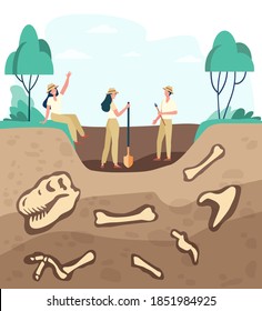 Group of archeologists discovering fossils, digging ground with dinosaur bones. Vector illustration for archeology, paleontology, science, expedition concept