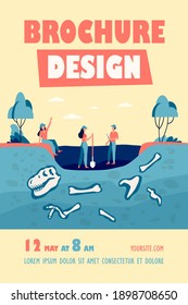 Group of archeologists discovering fossils, digging ground with dinosaur bones. Vector illustration for archeology, paleontology, science, expedition concept