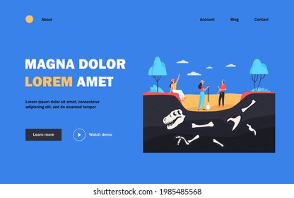 Group of archeologists discovering fossils, digging ground with dinosaur bones. Vector illustration for archeology, paleontology, science, expedition concept