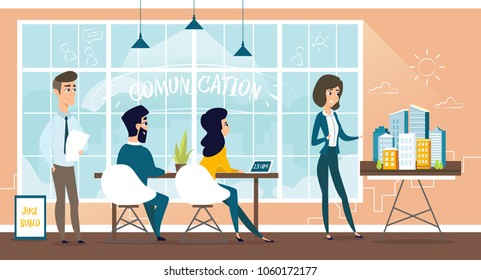 Group of architect engineering plan of new house. Vector illustration of working cartoon characters in coworking studio.
