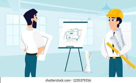 Group of architect examining room design plan. Vector illustration of working cartoon characters in coworking studio. The concept of construction, architecture, design