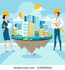 Group of architects with city architecture layout. Vector illustration of working cartoon characters in coworking studio. The concept of construction, architecture, design