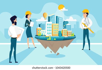 Group architects create and engineering project of city. Team work of cartoon characters. Vector illustration of art idea. Creative people building company dream.