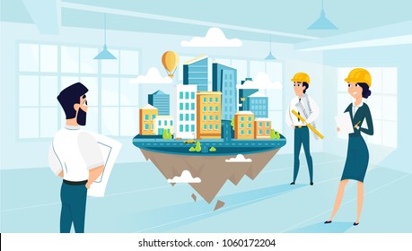 Group architects create and engineering project of city. Team work of cartoon characters. Vector illustration of art idea. Creative people building city of dream.