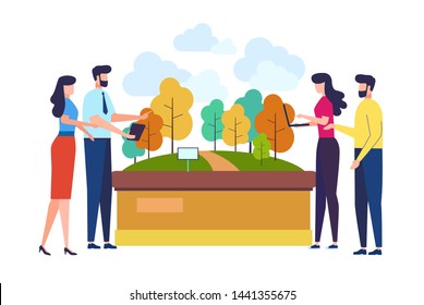 Group of architects with park architecture layout. Vector illustration of working cartoon characters in coworking studio. The concept of construction, architecture, design