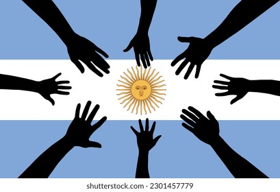 Group of Argentina people gathering hands vector silhouette, unity or support idea, hand gathering silhouette on Argentina flag, teamwork and togetherness concept, union of society