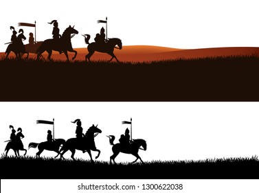 group of armed knights riding horses in the field - medieval heroes panoramic vector silhouette