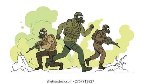 A group of armed soldiers wearing protective gas masks and tactical gear navigating through thick toxic green smoke in a destroyed war zone background