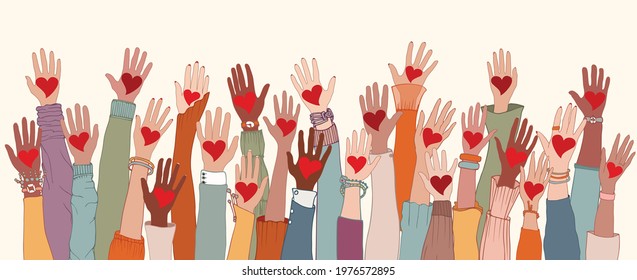 Group of arms and hands raised. Diverse people with heart in hand. Charity donation and volunteer work. Support and assistance. Multicultural and multiethnic community. People diversity