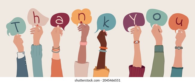 Group of arms and raised hands of diverse people holding a speech bubble with letters inside forming the text -Thank You- Gratitude between co-workers or friends. Appreciation.Community