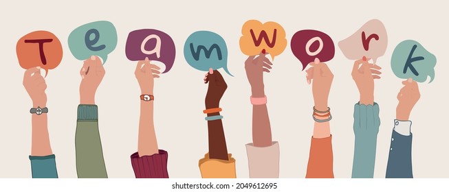 Group of arms and raised hands of diverse people holding a speech bubble with letters inside forming the text -Teamwork- Collaboration between colleagues or co-workers. Community. Banner