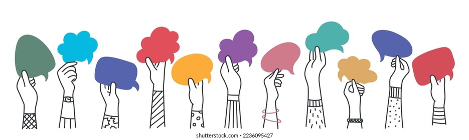 Group of arms and raised hands of diverse people holding a speech bubble. and drawn vector illustration.