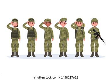 Group of army, men and woman, in camouflage combat uniform saluting. Cute flat cartoon style. Isolated vector illustration.