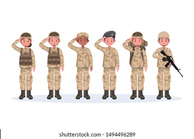 Group of army, men and woman, in camouflage combat uniform saluting. Cute flat cartoon style. Isolated vector illustration.