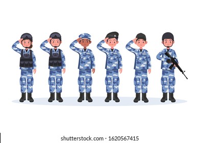 Group of army, men and woman, in camouflage combat uniform saluting. Cute flat cartoon style. Isolated vector illustration.