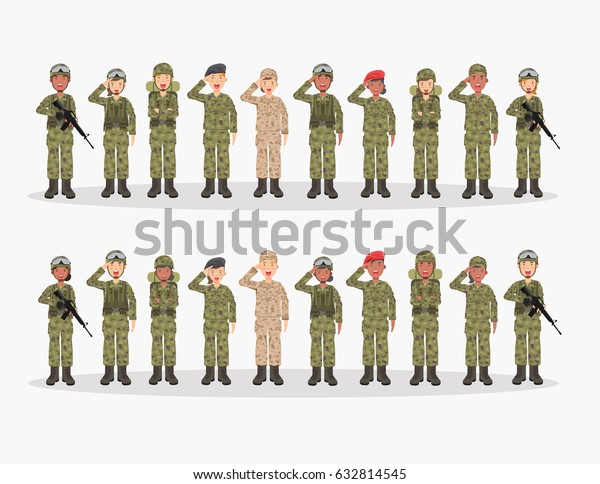 Group\
of army, men and woman, in camouflage combat uniform saluting. Cute\
flat cartoon style. Isolated vector\
illustration.
