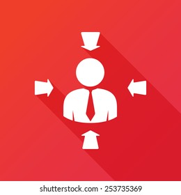 Group of arrow cursors in variety of colors point at a symbol man in the middle. Abstract Character in center target from arrows