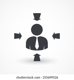 Group of arrow cursors in variety of colors point at a symbol man in the middle. Abstract Character in center target from arrows
