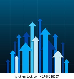 Group of arrows going up. Blue graphic arrows pointing up on a blue background.Vector illustration. 