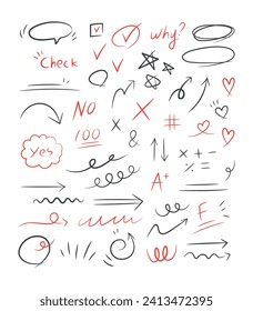 Group of arrows. Hand drawn black and red symbols for hand drawn diagrams. Vector doodle marker drawing. Freehand different curved swirls, crosses, grades, symbols, circles and check marks.