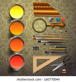 Group art supplies objects, vector illustration. 