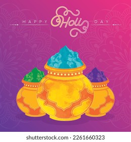 Group of artisan vase with colored powders Holi Festival Vector illustration
