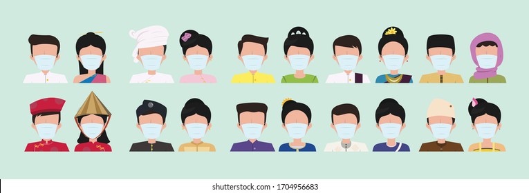 Group of Asean people wearing medical masks to prevent disease, flu, air pollution, contaminated air, world pollution. Flat design people characters.