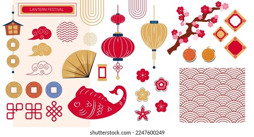 Group of asian decorative elements for holidays, Chinese New Year, Lantern festival, objects, lanterns, coins, flowers, decorative shapes and lines.