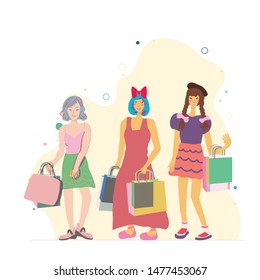 Group of Asian girls on the street with colorful shopping bags posing and smiling. Vector illustration