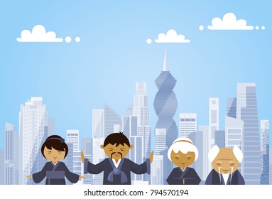 Group Of Asian People In Traditional Clothes Over Modern City Background Women And Men Dressed In Ancient Costumes Skyscraper View Flat Vector Illustration