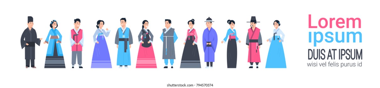 Group Of Asian People In Traditional Clothes Women And Men Dressed In Ancient Costumes Horizontal Banner With Copy Space Flat Vector Illustration