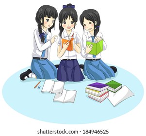 Group of Asian Thai schoolgirl students in government, convert, and international high school uniform from different school are working and studying together in isolated background 