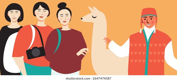 Grupo de turistas asiáticos e povo BIPOC em roupas tradicionais com alpaca, ilustração de estoque de vetor plano como conceito de experimentar a cultura local para sstkTravel