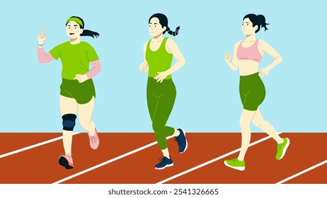 Group of Asian women running on track field. Casual green and pink sport outfit for exercise, cartoon character illustration.