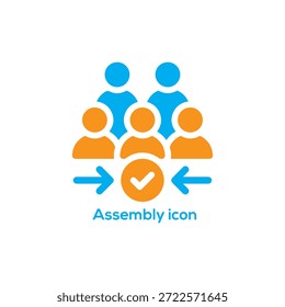 Icono de ensamblaje de grupo con Personas Flechas de multitudes y marcas de verificación para reunión de Equipo, reunión comunitaria, colaboración, App de administración y Web

