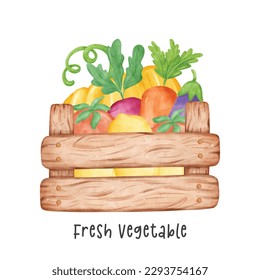 group of assorted fresh colorful vegetable watercolour in wooden garden container vector cartoon hand painted illustration isolated on white background.