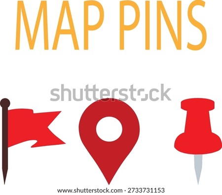 A group of assorted map pin and location marker icons including a red map pin, a red flag, and an orange thumbtack, used for navigation and travel themes.