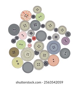 Group of assorted sewing buttons - hand drawn vector illustration.