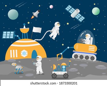 Group of Astronaut exploring the moon surface. Moon rovers collecting sample of stone to bring back to the earth. Astronauts working at space station cartoon vector