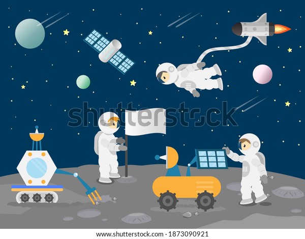 Group of Astronaut exploring the moon surface.\
Moon rovers collecting sample of stone to bring back to the earth.\
spaceman planting a flag on Lunar\'s surface. satellite outer space\
vector