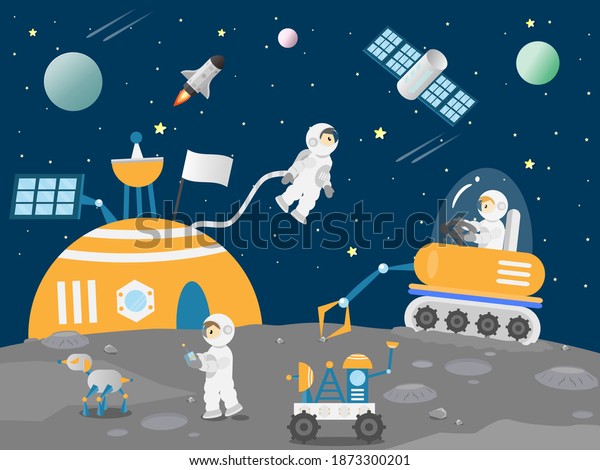 Group of Astronaut exploring\
the moon surface. Moon rovers collecting sample of stone to bring\
back to the earth. Astronauts working at space station cartoon\
vector
