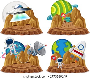 Group of astronaut with ufo in the planet cartoon style on white background illustration