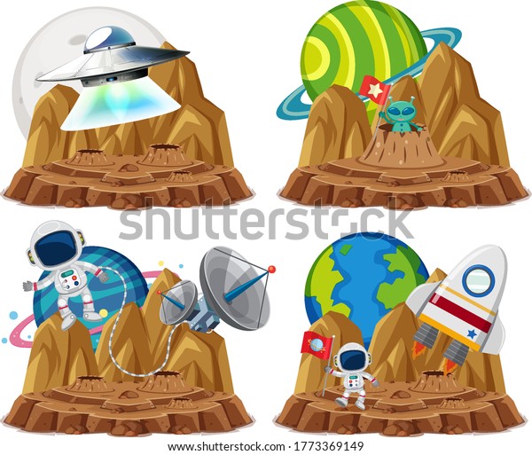 Group of astronaut with ufo in\
the planet cartoon style on white background\
illustration